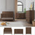 A modern nursery featuring the Child Craft Kieran 3 Piece Nursery Set, which includes a wooden convertible crib, dresser, and chest of drawers—all in matching brown wood with charming pink handles. Soft toys and a cozy rug adorn the floor, while a large window fills the room with natural light.