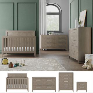 A modern nursery with green walls features the Child Craft Kieran 4-Piece Nursery Set, including a convertible crib, dresser, chest, and nightstand. A plush rug, toys, and stuffed animals decorate the room; separate images show each furniture piece.