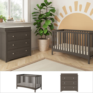 A nursery featuring the Child Craft London 2-Piece Nursery Set— a convertible crib and matching dresser with changing table—plus a potted plant and sun mural. Separate images show the crib and dresser. Sunlight from a window brightens the room.