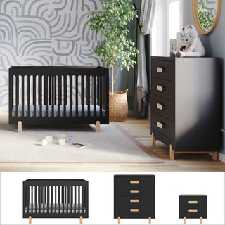 A modern nursery features the Child Craft Park Heights 3-Piece Nursery Set with Chest & Nightstand in black and light wood, a large plant, patterned wall, window with curtains, and a plush bear on the dresser. Furniture pieces are shown separately below.