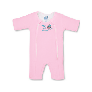 The HALO Baby Merlins Magic Sleepsuit® Micro-Fleece is a pink long-sleeve sleepsuit with legs, featuring dual front zippers and a blue-and-white butterfly Magic Sleepsuit logo—ideal as a transition swaddle for better sleep habits.