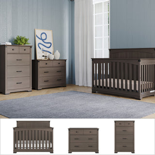 A nursery featuring the Child Craft Redmond 3 Piece Nursery Set with Crib, Dresser, and Chest, complemented by light blue walls, a large window with white curtains, a gray rug, and framed abstract artwork on the dresser.