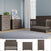 A nursery featuring the Child Craft Redmond 3 Piece Nursery Set with Crib, Dresser, and Chest, complemented by light blue walls, a large window with white curtains, a gray rug, and framed abstract artwork on the dresser.