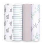 The aden + anais essentials cotton muslin swaddle blanket 4 pack showcases blankets with gray elephants, green stripes, plain gray, and teal swirls on white. Made from breathable cotton, these soft and lightweight fabrics are perfect for your babys comfort.