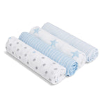 The aden + anais essentials cotton muslin swaddle blanket 4 pack showcases four rolled-up swaddles with distinct patterns: gray polka dots, blue stars, thin blue stripes, and blue and white stripes. Breathable and neatly aligned, these stylish blankets offer both comfort and style.
