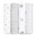 Four rolled-up aden + anais Essentials Cotton Muslin Swaddle Blankets are displayed vertically. The designs from left to right include gray polka dots, horizontal stripes, stars, and close-set lines on a crisp white background, offering timeless elegance and softness.