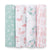 The aden + anais essentials cotton muslin swaddle blanket 4 pack features four vertically lined blankets: green with white flowers, white with pink flamingos, a pastel floral pattern on white, and white with pink abstract shapes, adding charm and practicality to any nursery.