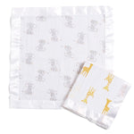 The aden + anais essentials cotton muslin security blankets 2 pack includes a larger blanket with gray elephants and a smaller one with yellow giraffes. Both feature a shiny white satin border and are crafted from soft cotton muslin, ideal for newborns and toddlers.
