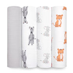 Four rolled-up baby blankets are upright: one solid gray, another with gray zebras, the third has gray elephants, and orange tigers on white for the fourth. These aden + anais Essentials Cotton Muslin Swaddle Blankets offer soft cotton muslin comfort for your little one.