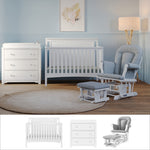 A nursery featuring the Child Craft Scout 3 Piece Nursery Set, which includes a white crib, matching dresser, and a gray and white glider with ottoman, complemented by a beige rug, lamp, wall art, and individual images of each furniture piece shown below.