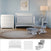 A nursery featuring the Child Craft Scout 3 Piece Nursery Set, which includes a white crib, matching dresser, and a gray and white glider with ottoman, complemented by a beige rug, lamp, wall art, and individual images of each furniture piece shown below.