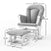 The Child Craft Scout 3 Piece Nursery Set includes a gray cushioned glider chair with a matching ottoman, both featuring white wooden frames. Labeled dimensions in inches are provided for both pieces, detailing their height, width, and depth.
