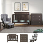Create an elegant nursery featuring the Child Craft Scout 3 Piece Nursery Set, which includes a dark wood convertible crib, a matching dresser, and a gray cushioned glider chair with ottoman. Two framed botanical prints are displayed above the crib, while a large rug covers the floor—perfectly uniting this stylish nursery furniture set.
