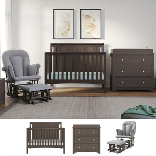 Create an elegant nursery featuring the Child Craft Scout 3 Piece Nursery Set, which includes a dark wood convertible crib, a matching dresser, and a gray cushioned glider chair with ottoman. Two framed botanical prints are displayed above the crib, while a large rug covers the floor—perfectly uniting this stylish nursery furniture set.