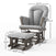The Child Craft Scout 4 Piece Nursery Set with Crib, Dresser, Glider and Toy Box includes a gray upholstered glider chair with a matching ottoman, both featuring sturdy wooden bases—perfect for creating a cozy spot in your nursery. The glider chair measures 37.5″ high by 26.75″ wide and deep, while the ottoman measures 12.25″ high by 18.25″ wide by 12.25″ deep, making this stylish pair an ideal match for the coordinated Scout collection from Child Craft.