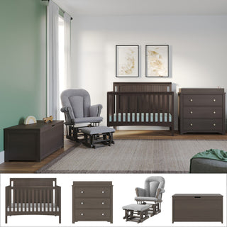 A modern nursery featuring the Child Craft Scout 4 Piece Nursery Set, which includes a 4-in-1 convertible crib, dresser, glider with ottoman, and toy box in a rich dark wood finish. The set is beautifully complemented by crisp white and green walls. Framed artwork is displayed above the crib, while a soft beige rug provides warmth and comfort for a cozy yet stylish space.