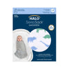 Packaging for a HALO Swaddle Micro-Fleece TOG 3.0 depicts a sleeping infant in gray; a close-up shows blue and green dinosaur patterns. Text highlights Micro-Fleece, 3 to 6 Months, and Safe Sleep Made Easier. It features adjustable wings for an ideal fit.