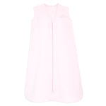 The HALO Wearable Blanket 100% Cotton TOG 0.5 is light pink, sleeveless, with a front zipper and embroidered logo. This blanket ensures safe sleep by keeping babies warm and cozy at night with its soft material.