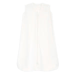 The HALO Wearable Blanket Micro-Fleece TOG 1.0 is a sleeveless white blanket with a full front zipper, made from soft fabric. Designed for safe sleep, it ensures your little ones comfort and warmth throughout the night.