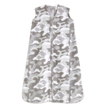 The HALO Wearable Blanket Micro-Fleece TOG 1.0 is a sleeveless baby sleeping bag made from soft microfleece with a gray and white camouflage pattern. It features a front zipper for easy access, ensuring safe sleep for your little one.