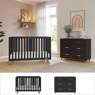 Create a modern nursery with the Child Craft Soho 2-Piece Nursery Set, featuring a convertible crib and matching dresser with wooden legs. Pink walls, sheer curtains, wall art, plants, and playful toys add warmth and style.