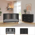 Create a modern mid-century nursery with the Child Craft Soho 2-Piece Nursery Set, which includes a sleek black crib and matching dresser, both accented by stylish wooden legs. Soft pink walls, sheer-curtained windows, contemporary wall art, a decorative shelf, and a plant atop the dresser complete this chic Soho nursery ensemble.