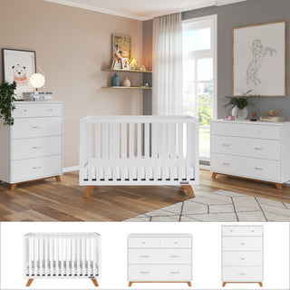 The Soho 3-Piece Nursery Set by Child Craft features a white convertible crib, nursery dresser, and chest of drawers with wooden legs. Completed with wall art, shelves, a rug, and a large window for bright mid-century modern style.