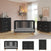 A modern nursery featuring the Child Craft Soho 3-Piece Nursery Set with Crib, Dresser and Chest, all in a sleek black finish. The space includes two black dressers, a black crib, wooden flooring, large window, wall art, and shelves with decor—showcasing an ideal contemporary design. Below are individual images of the crib and dressers from the set photographed on a white background.