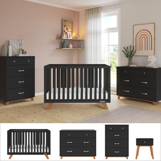The Soho 4-Piece Nursery Set by Child Craft features a black convertible crib, matching dressers, and a nightstand with wooden legs. Light walls, a large window, decor shelves, and framed art complete this modern nursery look.