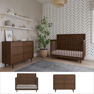 Contemporary nursery featuring the Child Craft Surrey Hill 2-Piece Nursery Set with Crib and Dresser in a rich brown finish, complemented by a large potted plant, chevron accent wall, light area rug, and white shelves adorned with decor. Two product images below display this stylish nursery furniture set—the crib and dresser—individually.