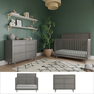 A modern nursery with green walls features the Child Craft Surrey Hill 2-Piece Nursery Set, a patterned rug, potted plant, shelves with decor, and natural light. Three smaller images highlight close-ups of the nursery furniture.