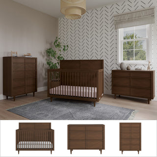 A modern nursery featuring the Child Craft Surrey Hill 3-Piece Nursery Set—crib, dresser, and chest in dark wood—with a gray rug, potted plant, patterned accent wall, Roman shade window, and a versatile 4-in-1 convertible crib.