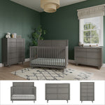 Modern nursery featuring the Child Craft Surrey Hill 3-Piece Nursery Set with Crib, Dresser, and Chest in gray against green walls, complemented by a window with a roman shade, a geometric rug, and a pendant light. Each piece from the Surrey Hill nursery furniture set is pictured individually, including the convertible crib.