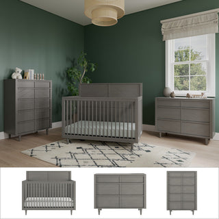 Modern nursery featuring the Child Craft Surrey Hill 3-Piece Nursery Set with Crib, Dresser, and Chest in gray against green walls, complemented by a window with a roman shade, a geometric rug, and a pendant light. Each piece from the Surrey Hill nursery furniture set is pictured individually, including the convertible crib.
