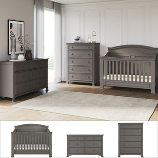 The Child Craft Westgate 3-Piece Nursery Set, including a 4-in-1 Convertible Crib, Double Dresser, and tall chest in gray, is displayed in a bright room with large windows; individual images of each piece are shown below.