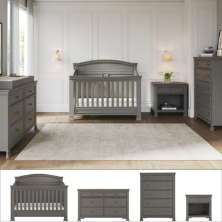 A modern nursery showcases the Child Craft Westgate 4-Piece Nursery Set—crib, dresser, chest of drawers, and nightstand in gray wood—stylishly paired with a beige rug on dark wood flooring. All four pieces are shown below.