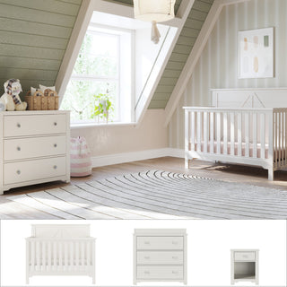 A cozy nursery features the Child Craft Woodland 3-Piece Nursery Set—crib, white changing table dresser, and more—with soft green and beige tones, a round rug, pastel decor, stuffed animals, sunlit angled walls, and matching furniture.