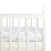 The white crib with vertical slats features a fitted essentials cotton muslin crib sheet by aden + anais. This soft, breathable sheet is adorned with subtle gray elephant prints, adding to the simple and minimalist design.