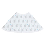 The aden + anais essentials cotton muslin burpy bib features a full coverage, curved design with gray elephants and blue crosses. Made from absorbent white cotton muslin, its perfect for infants and combines playfulness and cuteness.