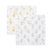 The aden + anais essentials cotton muslin security blankets 2 pack features charming baby-themed designs: one with yellow giraffes on white, and the other with light gray elephants. Both boast satin edges and are ideal for newborns and toddlers, crafted from soft cotton muslin.